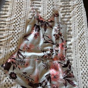 Victoria's Secret Floral Satin Pajama Set - Cream and Pink